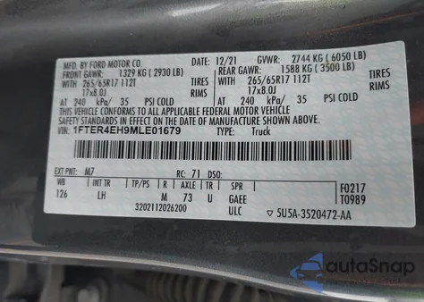 2021 Ford Ranger Xlt из США, поврежденный, VIN 1FTER4EH9MLE01679